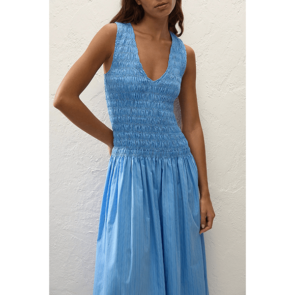 Faithfull Palomar Midi Dress Mico Pinstripe Azul