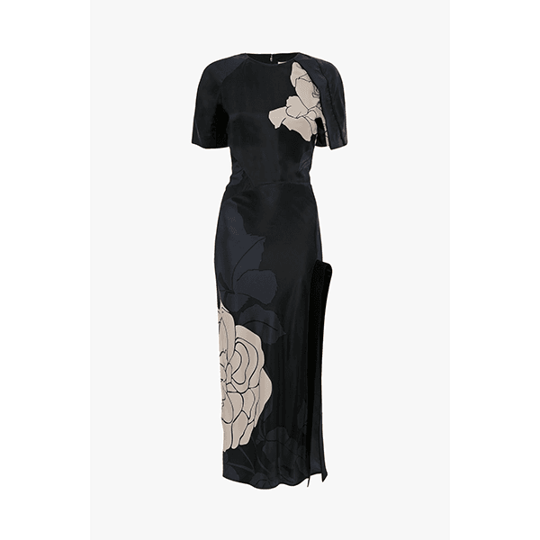 Victoria Beckham Split Hem Detail Midi Dress Dark Navy/Pale Rose Floral